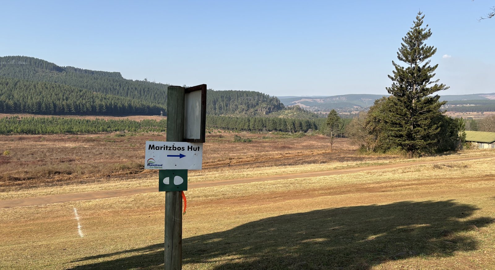 A trail waymarker on a post at the edge of a plantation, pointing the way to a hut